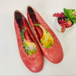 Born. Coral leather ruffle laser cut loafers